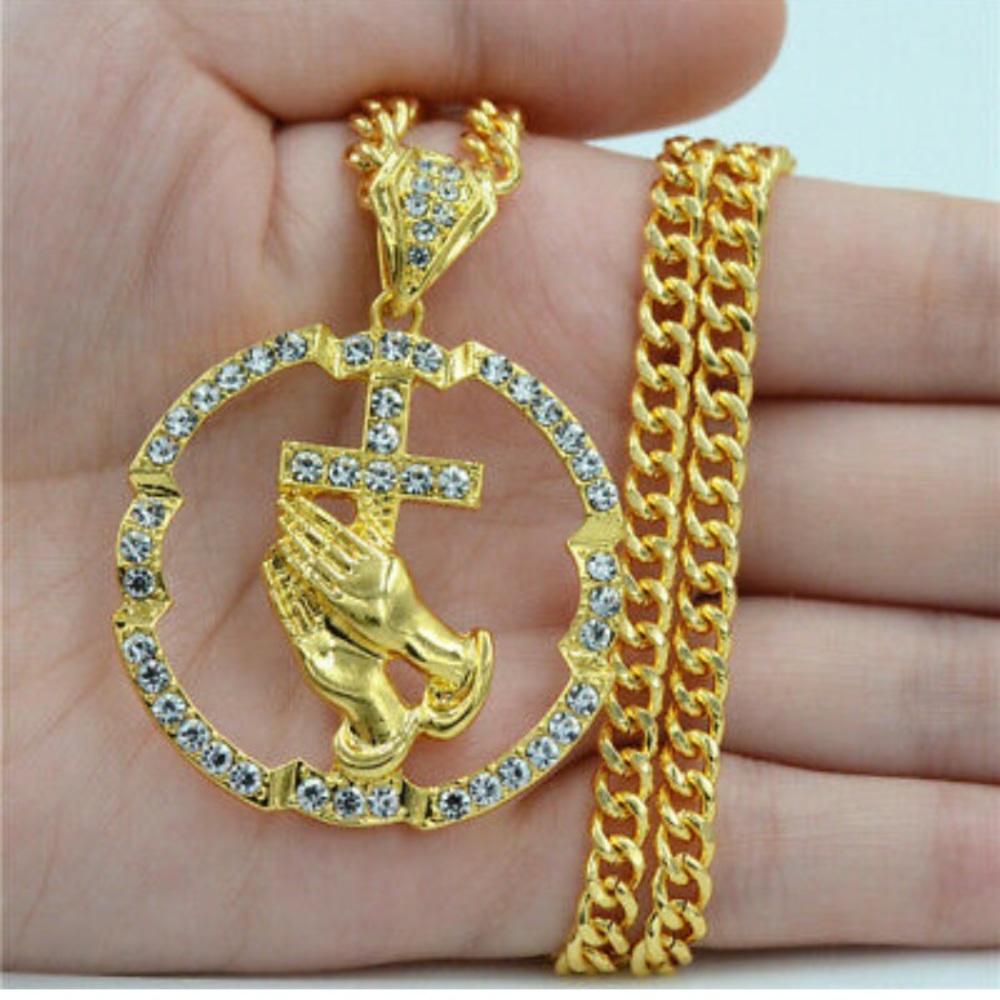 Iced Out Prayer Cross Gold Pendant Necklace - Picture 3 of 5